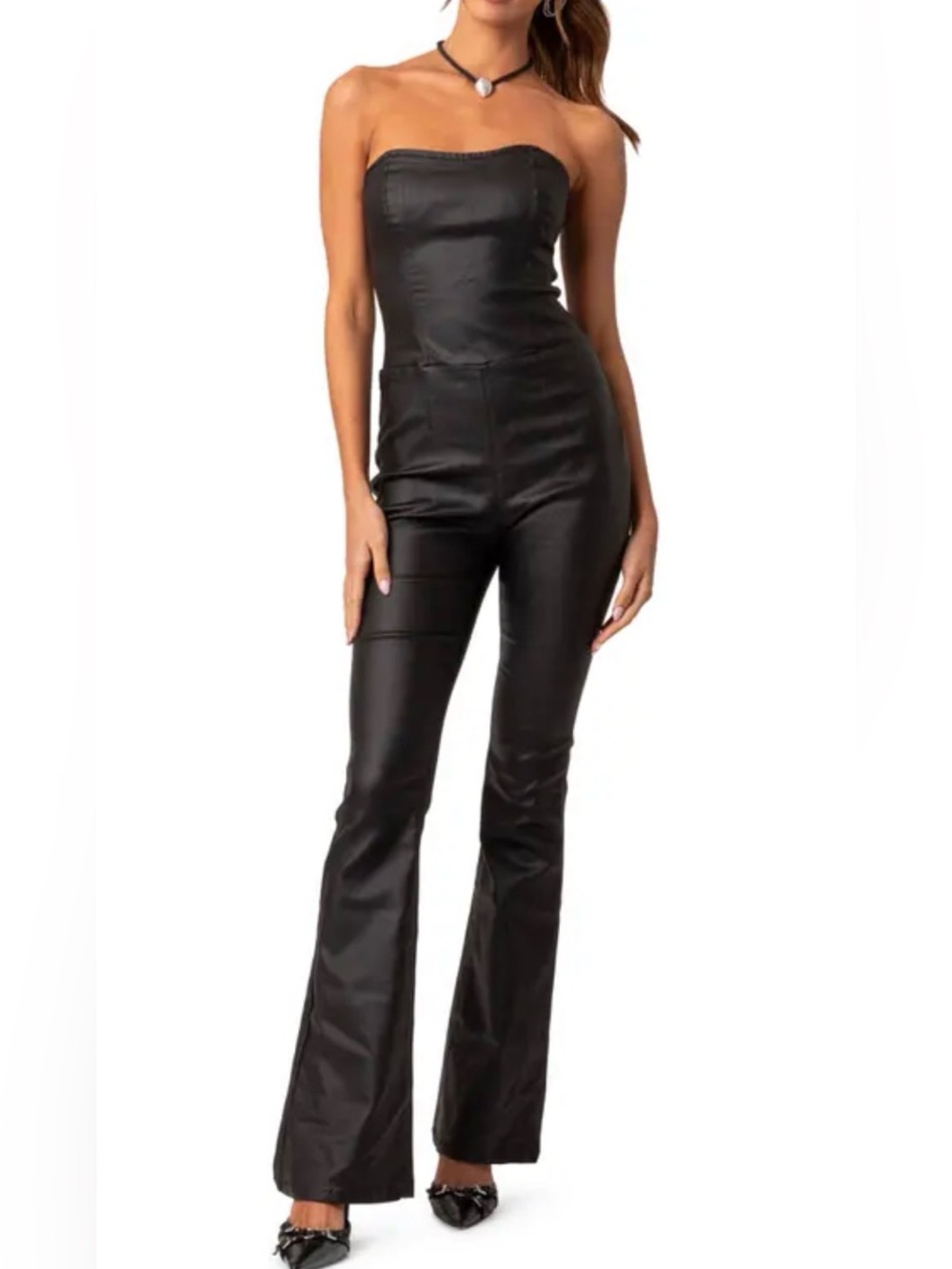 EDIKTED
NWT, Luna Strapless Flared Faux Leather Jumpsuit in Black, Small